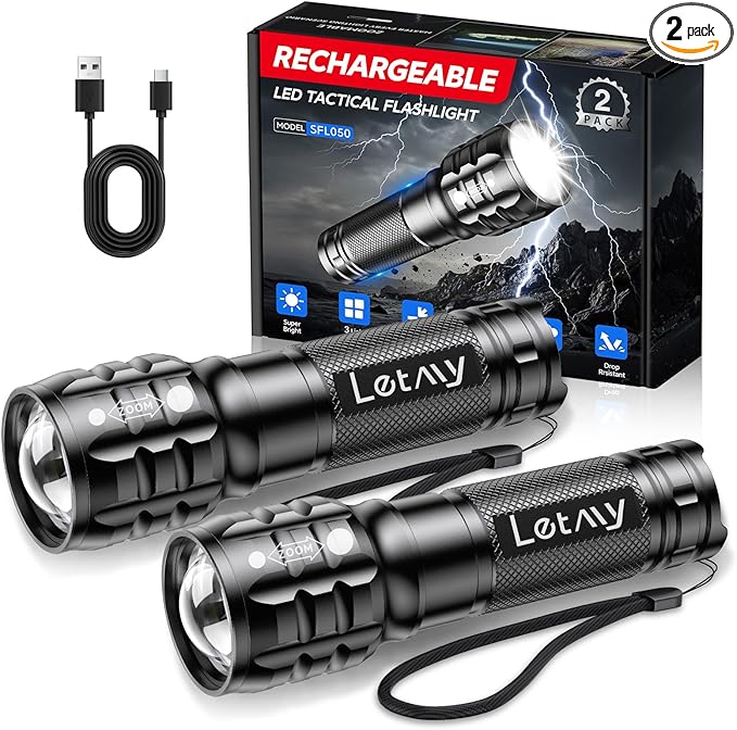 LETMY 2 Pack Rechargeable Flashlights High Lumens, 3 Modes Bright Small Flashlight for Home Tactical Flashlights Rechargeable, Zoomable LED Flashlights Waterproof for Outdoor,Camping Emergency