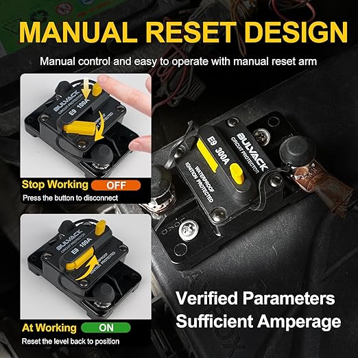 E9 1/4" Studs Hi-Amp 150A Circuit Breaker with Manual Reset for Marine Boat Trolling Motor Automotive RV Trailer Car Solar System Battery | 12V - 48V DC IP67 Switchable 150 Amp Surface Mount