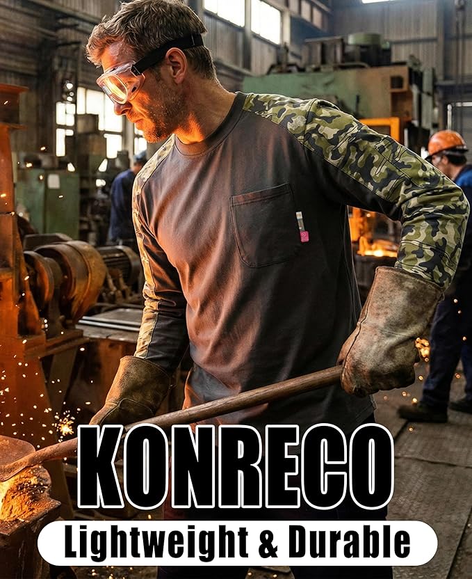 KONRECO FR Shirts for Men Crewneck 6oz Jersey Lightweight Flame Resistant Work T Shirt NFPA2112 CAT2