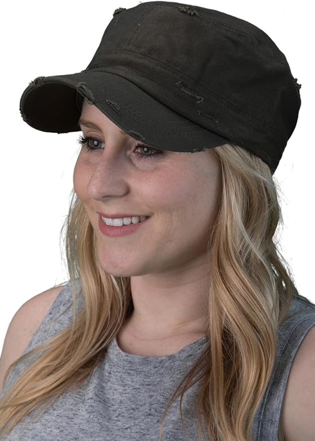 Funky Junque Distressed Military Hat – Newsboy Hats for Women, Short Brim Army Baseball Cap, Womens Cadet Hat Trendy Style