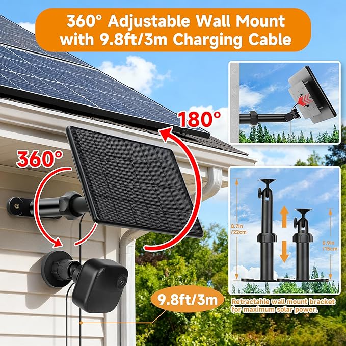 Solar Panel for Blink Outdoor 2K+/4(4th Gen)/Outdoor(3rd Gen) XT3 and XT2/XT Camera,6W Solar Charger for Blink with 360° Adjustable Mount 5.9in to 8.7in,9.84ft Outdoor Power Cable,Waterproof