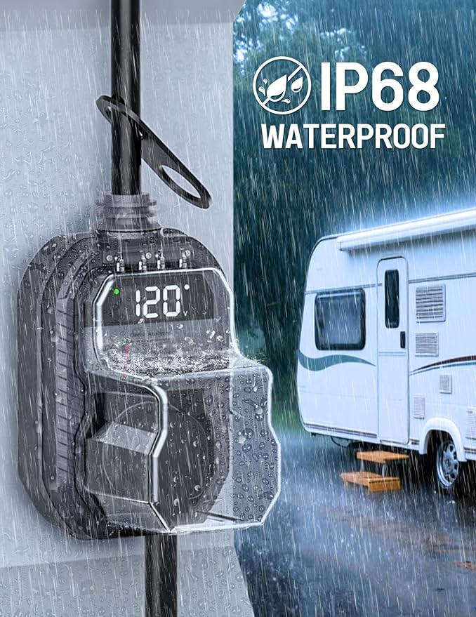 15,000J RV Surge Protector 30 Amp with LED Display, 30 Amp RV Surge Protector with Voltage Monitoring, Clear Error Codes, Comprehensive Detection, IP68 Waterproof Cover