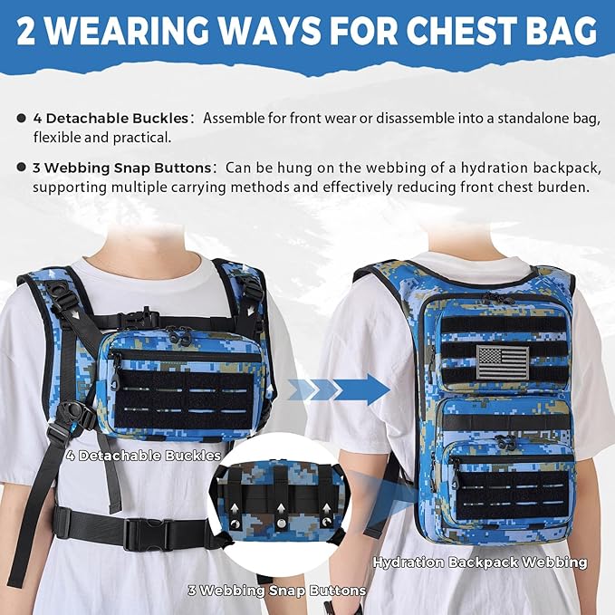 Tactical Hydration Backpack with 2L Water Bladder and Front Small Tactical Pouch, Outdoor Water Backpack for Men Women, Sports Hydration Pack for Hiking, Cycling, Climbing
