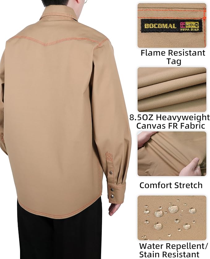 BOCOMAL FR Welding Shirts Heavyweight Stretch Canvas Snaps Down Reinforced Stitching Western Style Fire Resistant Jackets