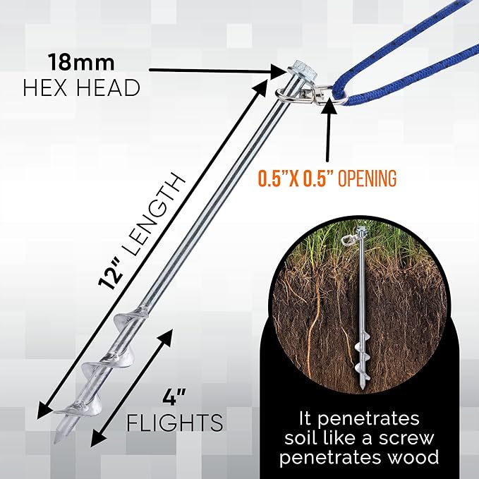 Earth Anchors - 12" Set of 8 Heavy Duty Ground Stakes - Screw in Anchors for Mobile Homes, Sheds, Swing Sets, Trees & Canopies - Includes Drill Bit
