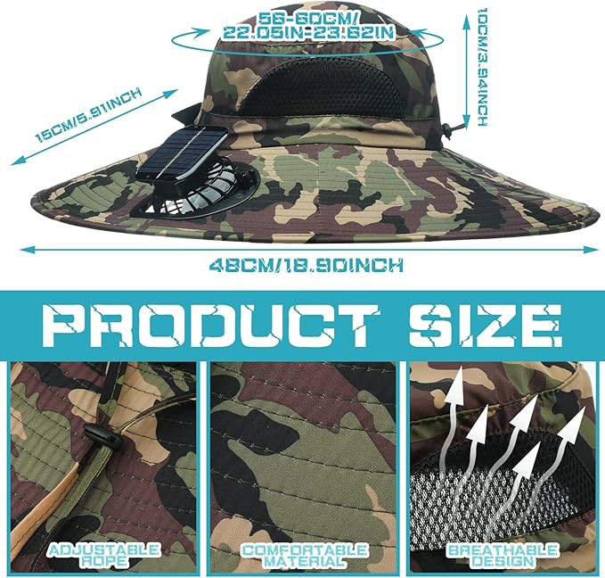 Berlune Men Sun Hat with 2 Solar Fans Wide Brim Outdoor Fishing Hat USB & Solar Powered for Sun Protection Camping Hiking