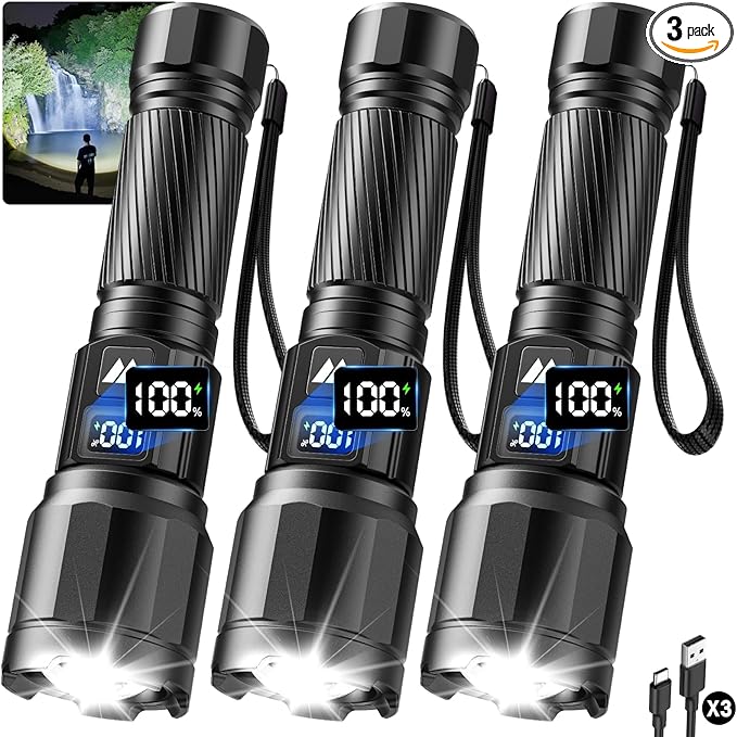 3 Pack Rechargeable Flashlights High Lumens, Super Bright LED Tactical Flashlight with LCD Power Display, Zoomable Flashlights 15H+ Runtime, IP65 Waterproof Flashlights for Home Emergency Camping