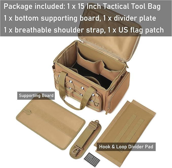 15-Inch Tool Bag Multi-purpose Tool Organizer Bag For Men with Shoulder Strap, Tactical Range Bag Work Tote for Repairman, Carpenters, Handymen (Khaki)