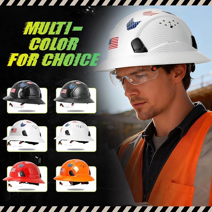 Carbon Fiber Pattern Full Brim Hard Hat with Visor-OSHA Approved Construction Safety Helmet for Men Women,ANSI Z89.1 Vented Reflective Hardhat with Hard Hat Chin Strap,6-Point Suspension
