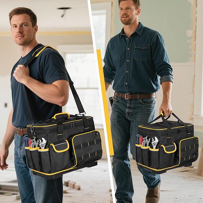 16-inch Tool Bag with Hard Bottom and a Detachable Divider, Heavy Duty Tool Tote with Multiple Pockets, Black