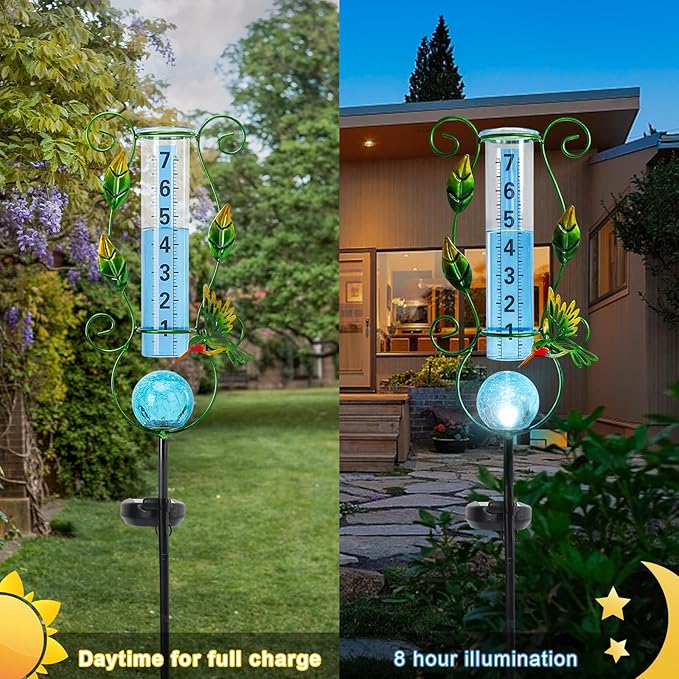 MUMTOP Rain Gauge Outdoor Freeze Proof, 36 Inch Large Number Solar Lights Hummingbird Water Gauge for Lawn, Yard and Garden