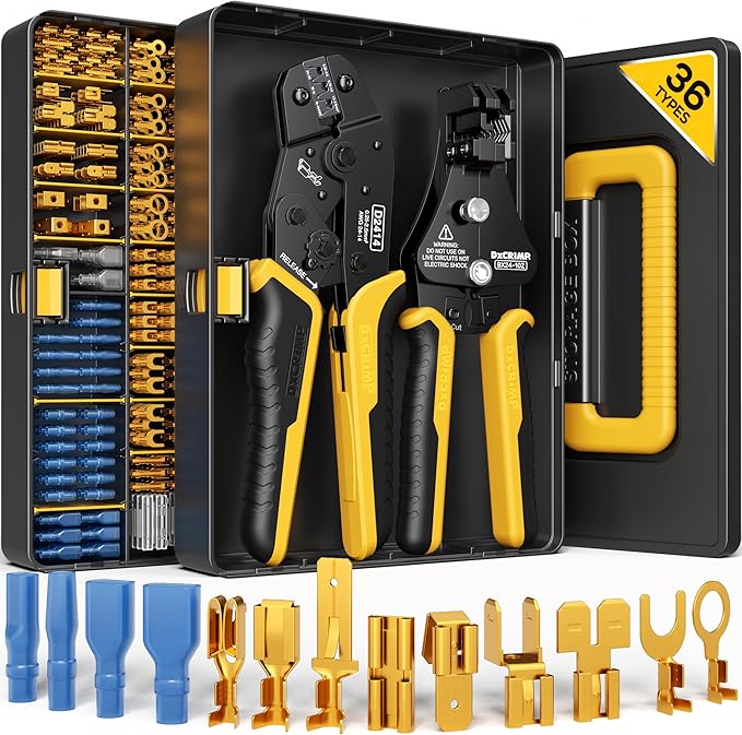 Crimping Tool Kit, 36-Type Open Spade & Quick-Disconnect Connector Set (2.8/3.9/4.8/6.3 mm) Non-Insulated Terminals with Wire Stripper, 24–14 AWG Ratcheting Crimper, for Auto, Appliance, DIY