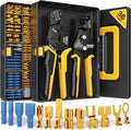 Crimping Tool Kit, 36-Type Open Spade & Quick-Disconnect Connector Set (2.8/3.9/4.8/6.3 mm) Non-Insulated Terminals with Wire Stripper, 24–14 AWG Ratcheting Crimper, for Auto, Appliance, DIY
