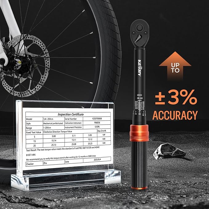 Kerry 1/4 Inch Drive Click Torque Wrench, 20-240 IN.LB/2.3-27.1 Nm, ±3% High Accuracy, Dual Range Scales, Clearly Graduated, Eeasy Read, Hardened Alumium Alloy, 72 Tooth Click Torque Wrench for Bike