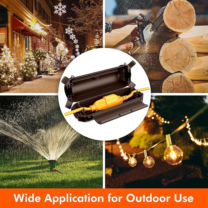RESTMO 2 Pack Compact Outdoor Extension Cord Cover, IP44 Waterproof Box and Safety Housing Case, Ideal to Protect Outdoor Plugs, Electrical Connections, Holiday Decoration Lights, Size Small, Brown