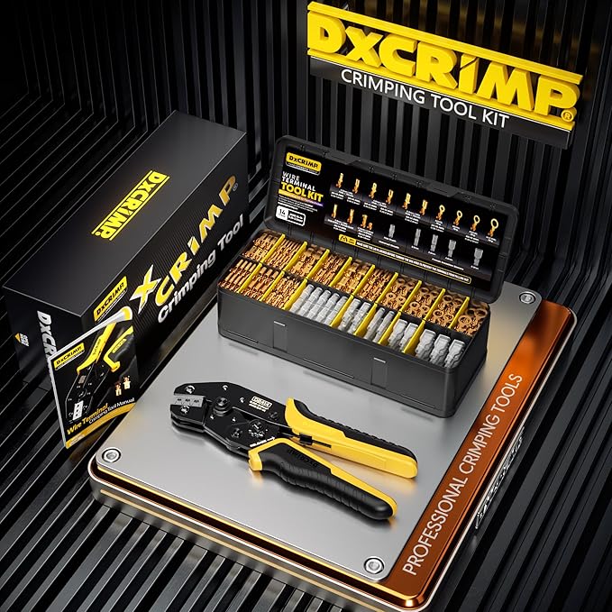 Crimping Tool Kit, 14-Type Open Spade & Quick-Disconnect Connector Set (2.8/3.9/4.8/6.3 mm) Non-Insulated Brass Terminals, 24–14 AWG Ratcheting Crimper, for Automotive, Marine, Appliance, DIY