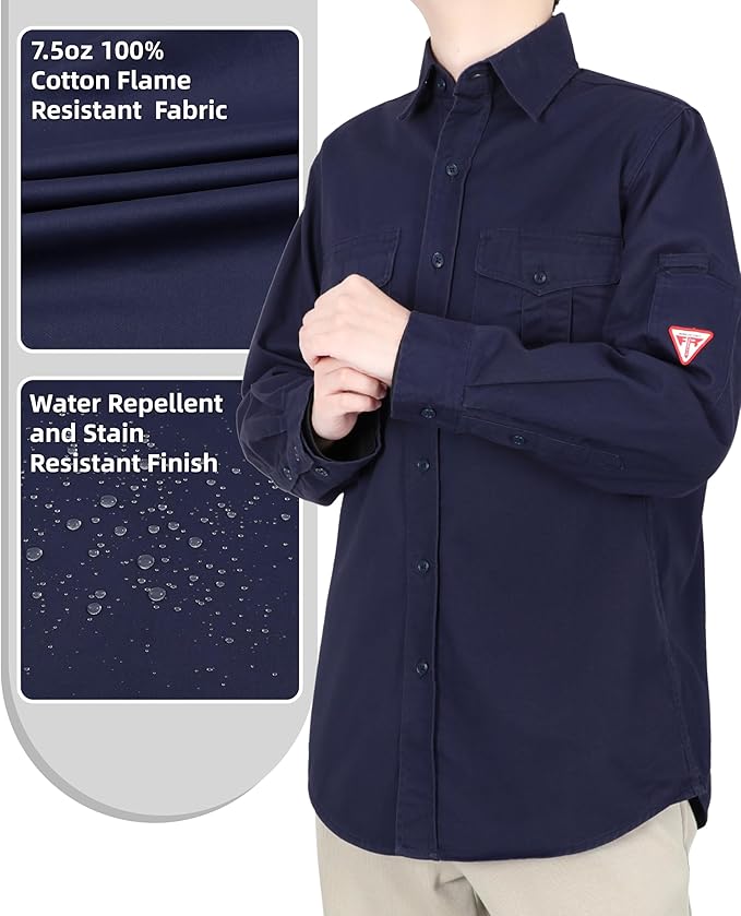 TICOMELA Men’s Mid-Weight FR Welding Shirt, 7.5oz 100% Cotton NFPA 2112 CAT2 – Flame-Resistant Button-Down Work Shirt