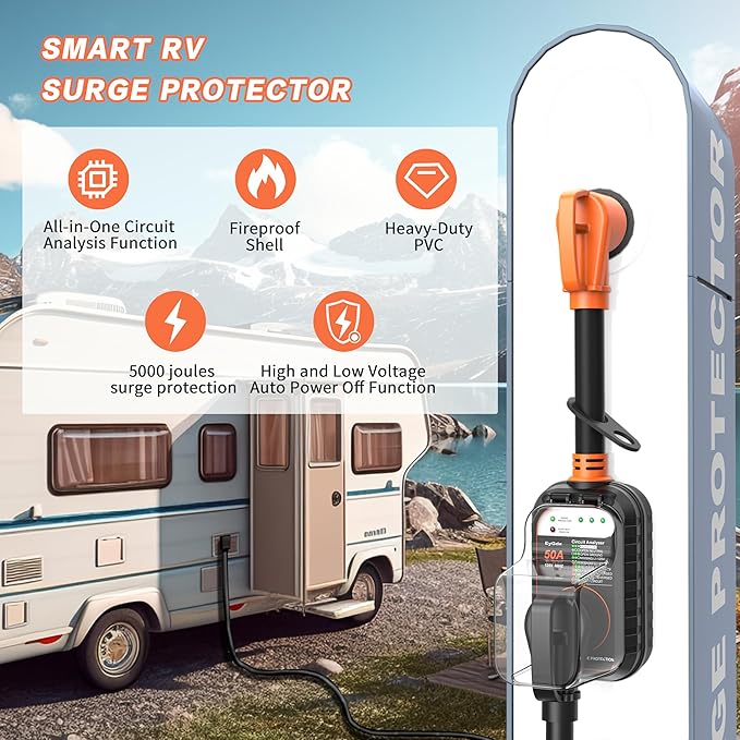 EyGde RV Surge Protector 50 Amp, RV Circuit Analyzer with Waterproof Cover, RV Accessories Power Voltage Protection Guard for Camper Travel Trailers