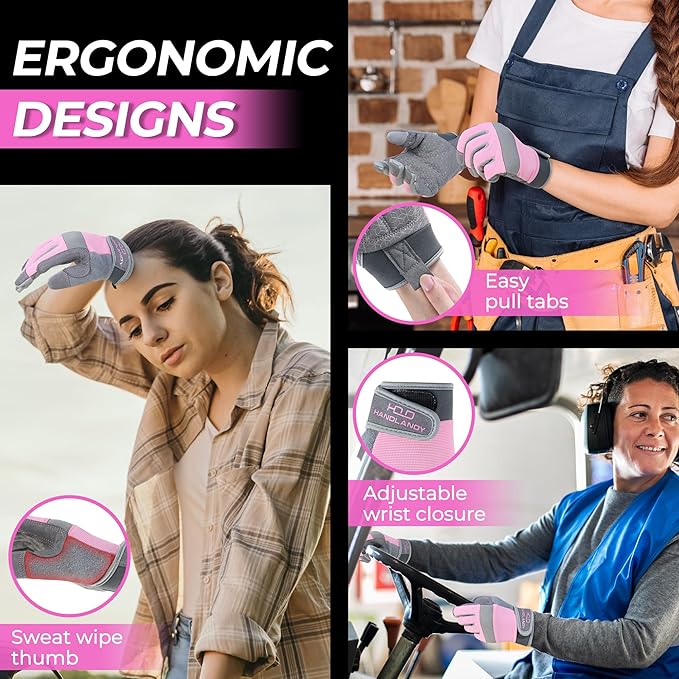 HANDLANDY Work Gloves for Women, Breathable Leather Gardening Glove for Yard Maintenance, Hand Protection with Touch Screen