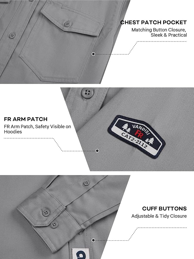 100% Cotton Mens Fr Shirts 7.5oz Flame Resistant Shirts NFPA2112 Men's Fire Retardant Welding Shirts