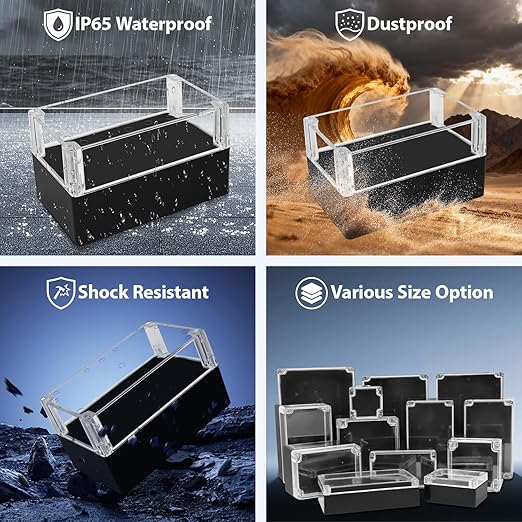 LeMotech Electrical Box Clear Cover Project Box IP65 Waterproof Junction Box ABS Plastic Case Universal Enclosure for Electronics, Black 7.8"x 4.7"x 4.4"(200x120x113mm)(Pack of 1)