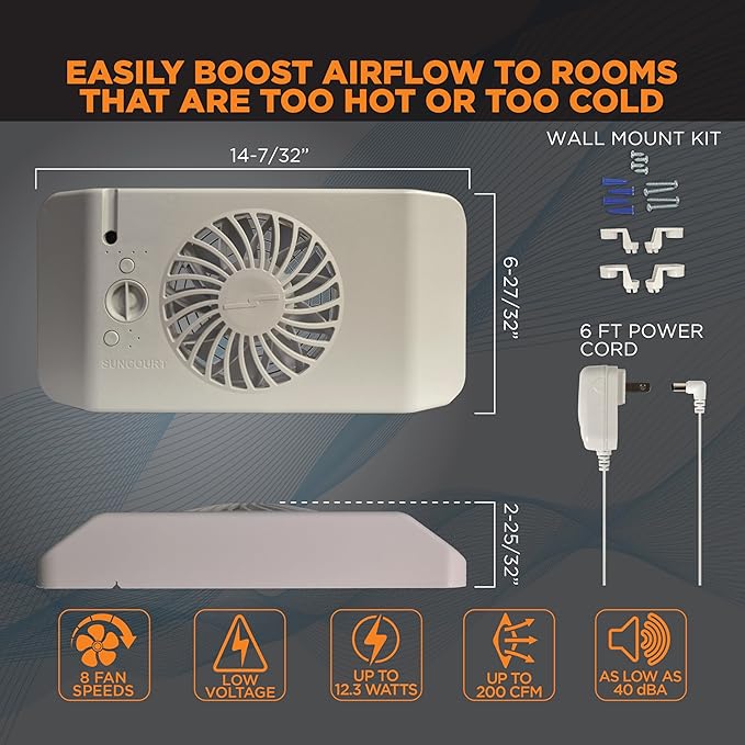 Suncourt Equalizer EZ8 Floor/Wall Register Booster Fan — Ultra-Quiet, 8-Speed Fan with Smart Technology and 6-Foot Power Cord, HC600-WK (White)