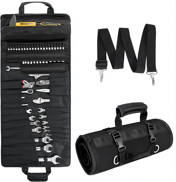 Tool Bag,Large Roll-Up Tool Bag Organizer with 28 Pocket Organizer, 34 Socket Slots, Heavy Duty Portable Tool Storage Carrier Bag for Men,Mechanic,Electrician & Hobbyist,Black
