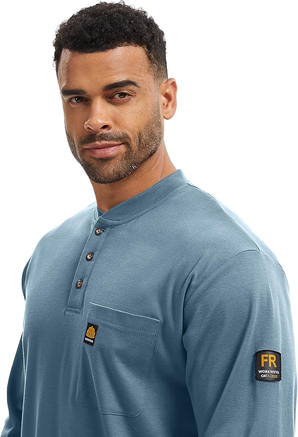WORKWEYA 6.5oz Flame Resistant Henley Shirt 100% Cotton Lightweight FR Shirts for Men