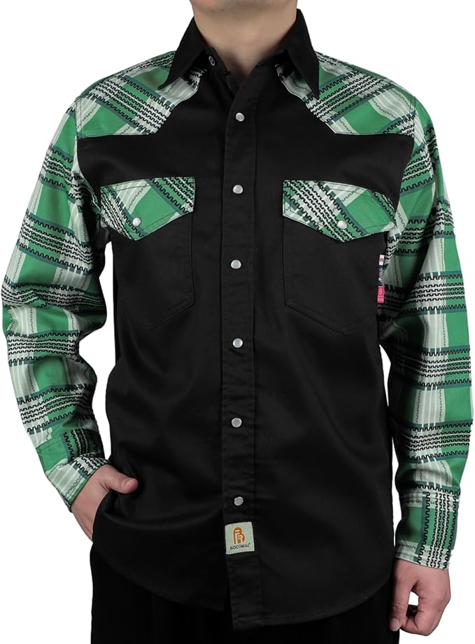 BOCOMAL FR Shirts Pearl Snaps Two Tone Plaid/Solid Flame Resistant Cotton Welding Shirt NFPA 2112 CAT 2