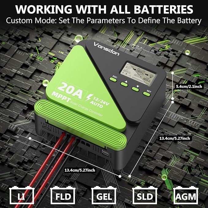 20A Solar Charge Controller 12V/24V MPPT Solar Charge Controller, Adjustable LCD with Timer, Dual USB Ports, for RV, Boat, Cabin, Off-Grid Systems, Compatible with FLD/LiFePO4/SLD/GEL/AGM