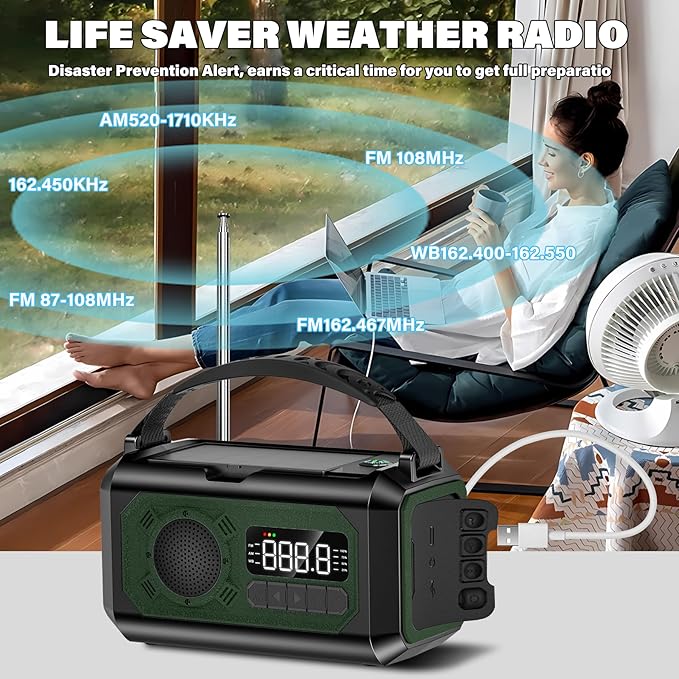 12000mAh Emergency Weather Radio, Hand Crank Solar Radio Portable AM/FM/NOAA Radio with 2 Solar Panels 3 Charging Methods SOS Alarm 3 Mode Flashlight Phone Charger Compass Reading Lamp