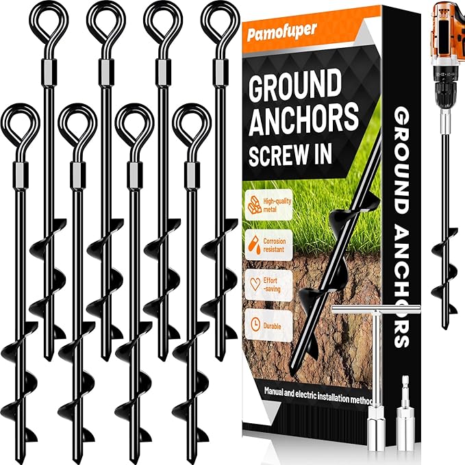 Ground Anchors Screw in Trampoline Anchors Heavy Duty Ground Anchors,Tent Stakes for Camping Tent, Trampoline, Canopies, Carports, Sheds, Swing Sets, Black Anti-Rust Coating for High Wind (8 X 14)