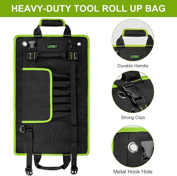 Tool Bag,Large Roll Up Tool Bag Organizer,13 Pockets Tool Roll Storage Pouch,Heavy Duty Portable Tool Storage Carrier Bag for Men,Mechanic,Electrician,Valentines Day Gifts for Men,Black/Green