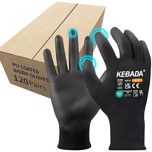 Kebada Safety Work Gloves,120 Pairs Bulk Pack, Touchscreen, PU Coated, Ideal for Warehouse, Construction, Gardening and Mechanics, Black, X-Large