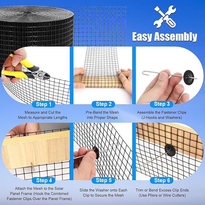4in X 100ft Solar Panel Bird Guard - 1/2" Black PVC Mesh Galvanized Rust-Resistant Net, Critter Guard for Solar Panels with 70 Fastener Clips, Gloves, Cutting Pliers