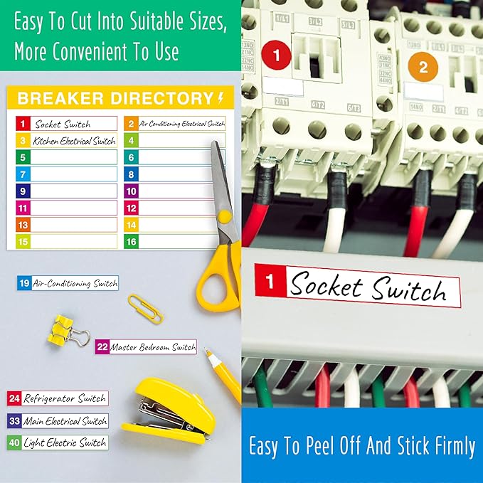 10 Sheets Breaker Panel Labels & 3 Number Stickers, Colorful Waterproof Durable Self-Adhesive Electrical Number Directory Load Center Stickers