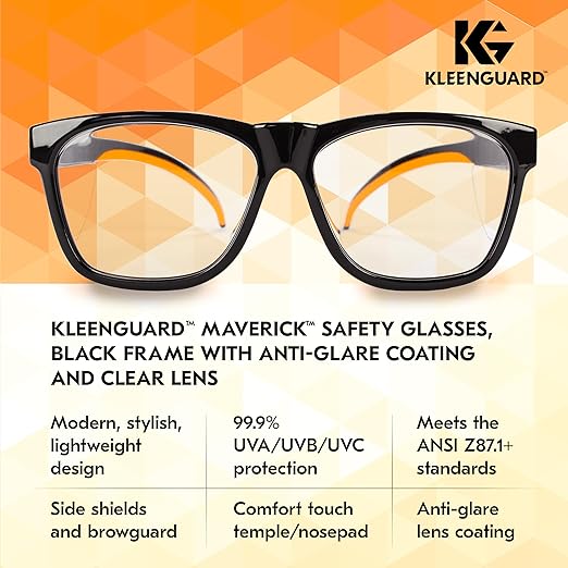 KleenGuard™ Maverick Eye Protection, (49312), Clear Anti-Glare Lenses with Black Frame and Orange Tips, 12 Pairs / Case