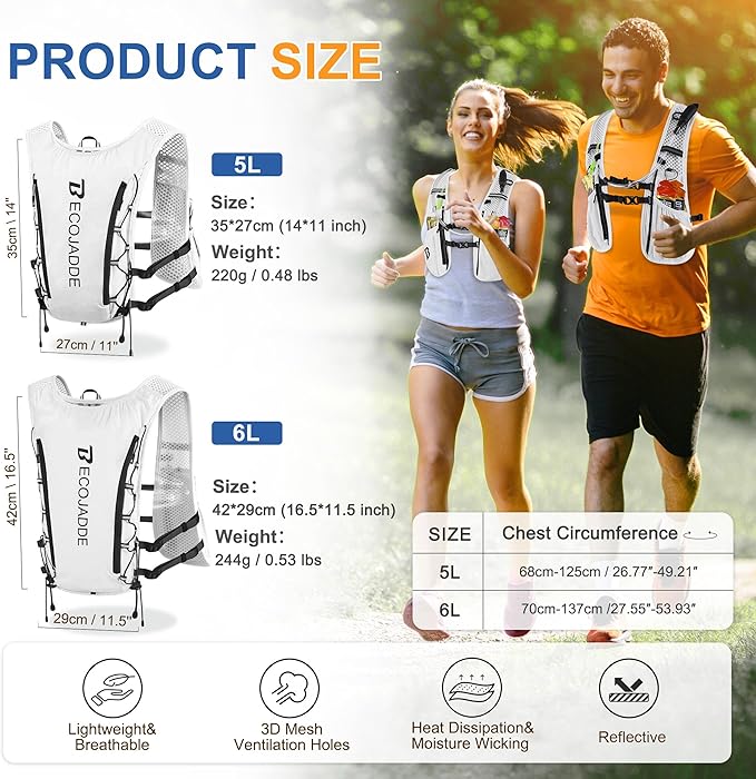 Running Vest Hydration Backpack for Men Women, 5L Lightweight Running Backpack Hydration Pack for Marathon, Trail, Cycling, Hiking, Jogging