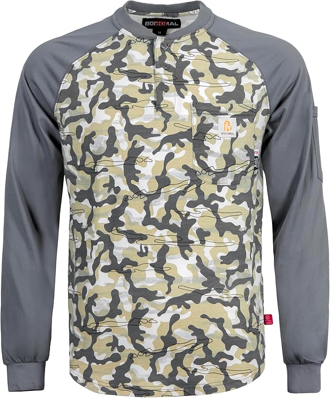 BOCOMAL FR Shirts 6oz Lightweight Flame Resistant Long Sleeve Henley Shirt Fire Retardant Workwear NFPA2112 CAT2