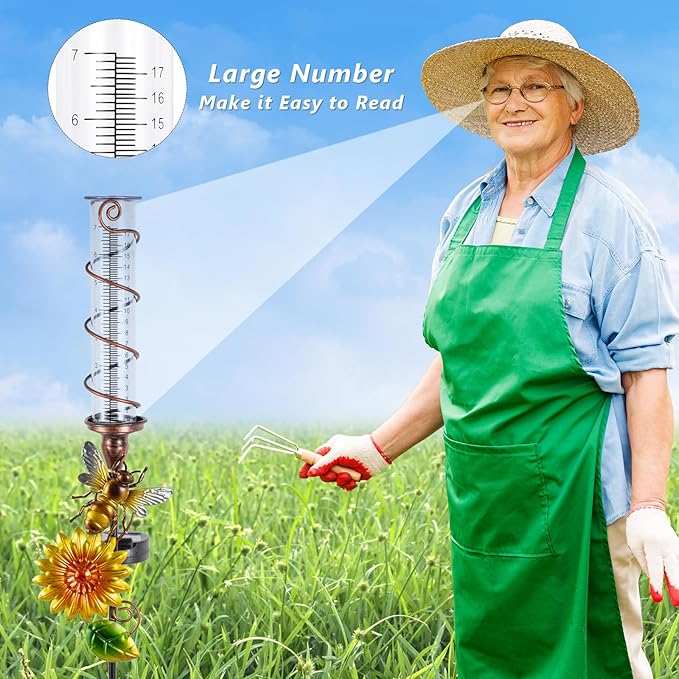 Rain Gauge Outdoor, Solar Rain Gauges for Yard, Freeze Proof Rain Gauge with 7" Plastic Tube, Bee Metal Decorative Garden Stake with Led Light, Yellow