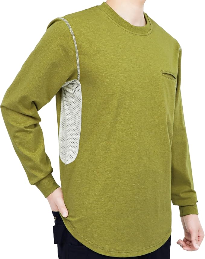 BOCOMAL FR Shirts for Summer Breathable Vented Design 6oz Heather Jersey Flame Resistant Long Sleeve Crew T Shirt