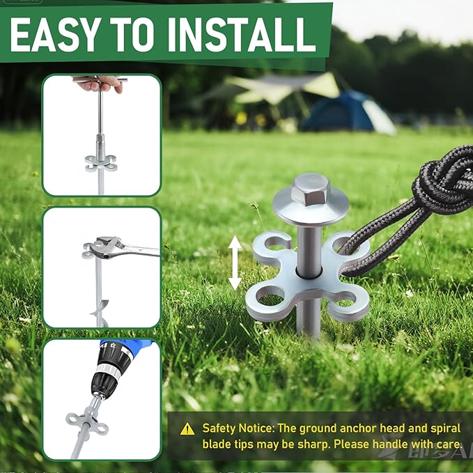 Ground Anchors Screw in – 6 Pack Spiral Tent Stakes heavy duty with Drill Socket & T-Handle, 12 Inch Trampoline Anchor with Hook & Ring Design for Tents, Sheds, Canopies, Swing Sets, Gazebo(6)