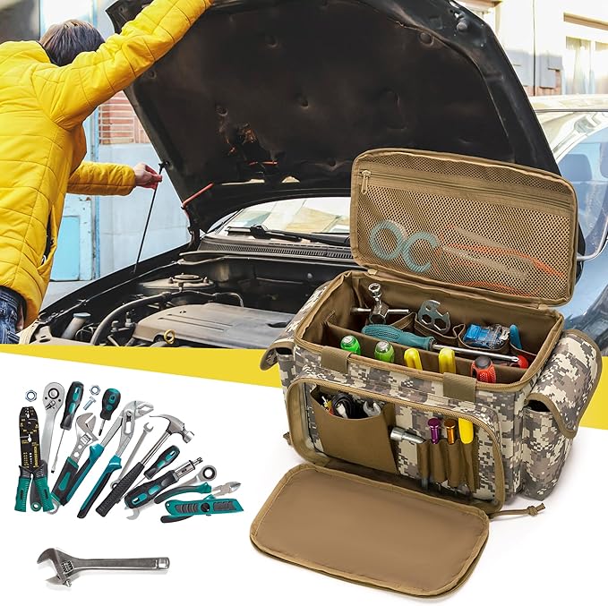 Small Tool Bag with Anti-friction and Thick Padded Bottom, Tool Storage Organizer for Men, Tactical Range Bag, Multi-functional Work Bag for Repairman, Electrician, Carpenters (Camo)