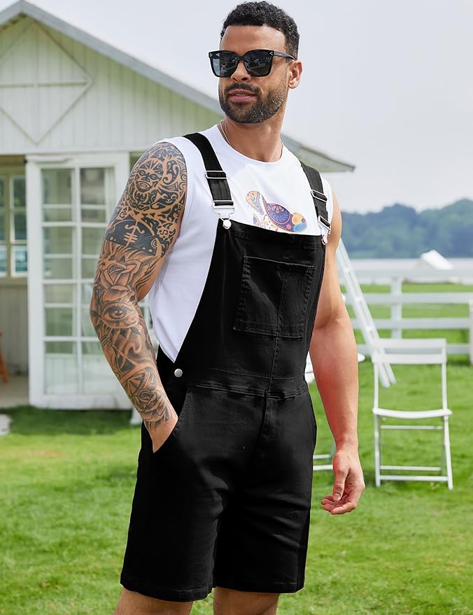 Bindefon Denim Overalls for Men Jean Shorts Jumpsuit Work Bibs Coveralls with Zipper