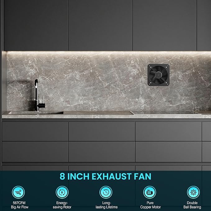 HG Power 8 Inch Exhaust Fan with Speed Controller, 567 CFM Kitchen Exhaust Fan with Damper, Metal Extractor Fan for Window, Attic, Ceiling, Basement Ventilation