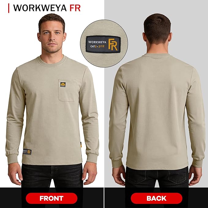 WORKWEYA Men's FR Shirts 6.5oz Lightweight Long Sleeve Flame Resistant T-Shirt NFPA 2112/CAT2