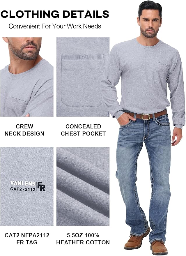 FR Shirts for Summer Crew T-Shirt 5.5OZ Heather Jersey Flame Resistant Long Sleeve Crew T Shirt CAT2