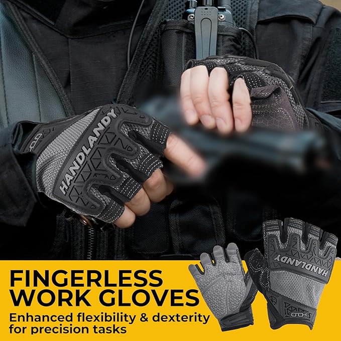 HANDLANDY Fingerless Work Gloves for Mens & Women, Uwrist Half Finger Shock-Absorbing Breathable Glove