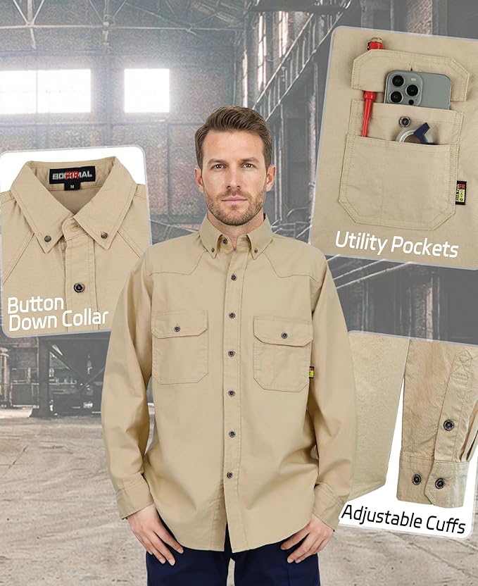 BOCOMAL FR Shirts Button Down Dura-Light 6.5 oz Soft Heather Series Utility Chest Pockets Flame Resistant Work Shirt CAT2