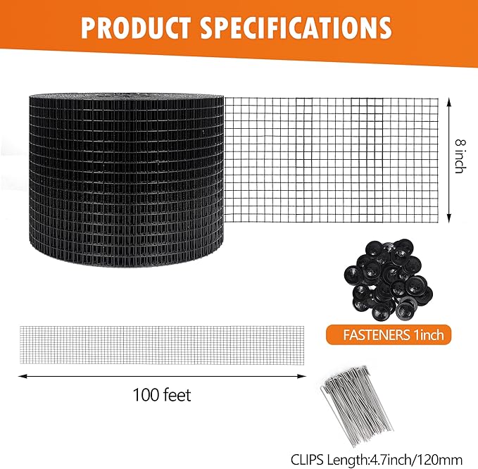Solar Panel Bird Guard Mesh| 8in x 100ft Black PVC Coated Heavy Duty Galvanized Mesh Roll,70pcs Stainless Steel Clips Fasteners,Critter Guard Roll Kit for Solar Panel